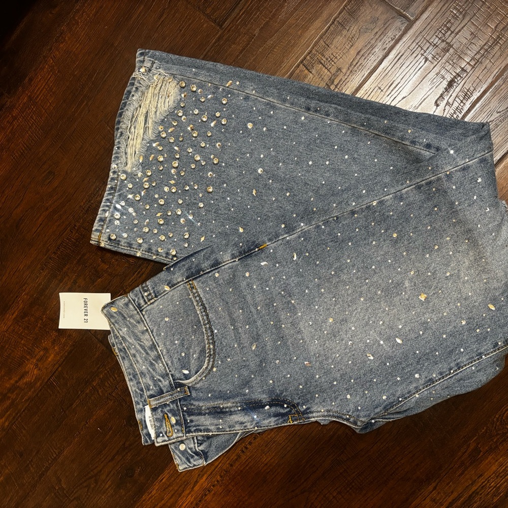 Forever 21 Blue Stud Wide Leg Jeans